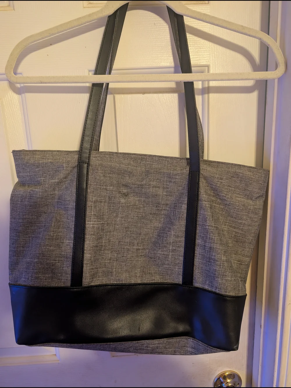 Grey and Black Tote Bag with Faux Leather Trim